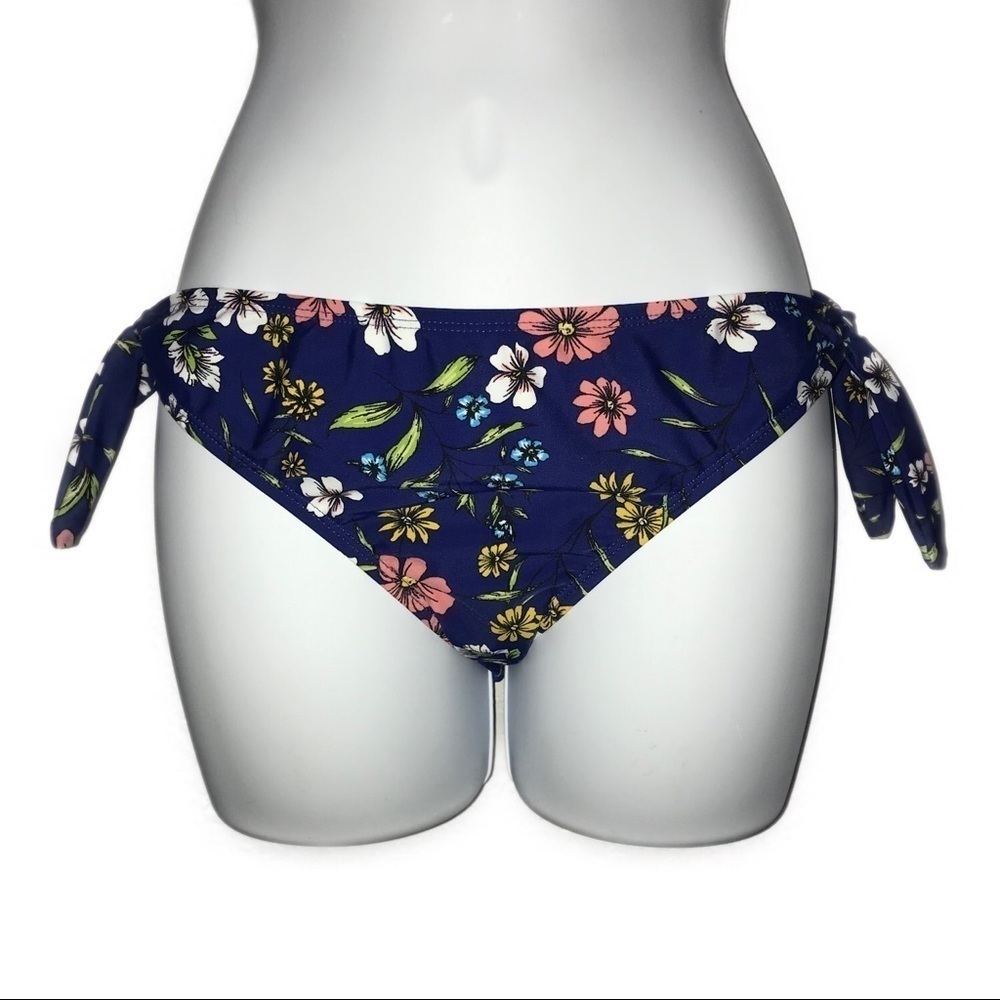Hot Water Ruch Back Blue Pink Floral Bikini Bottom L *